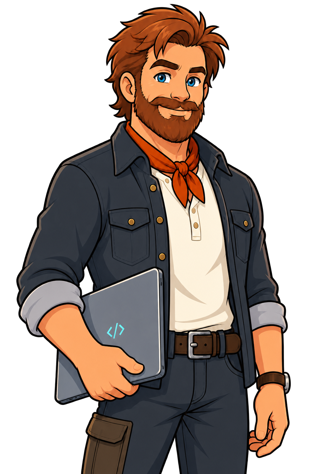 Cartoon programming coach holding a laptop
