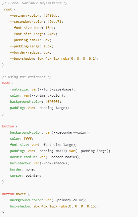 Esta imagen muestra una estructura de código organizada con variables CSS definidas globalmente