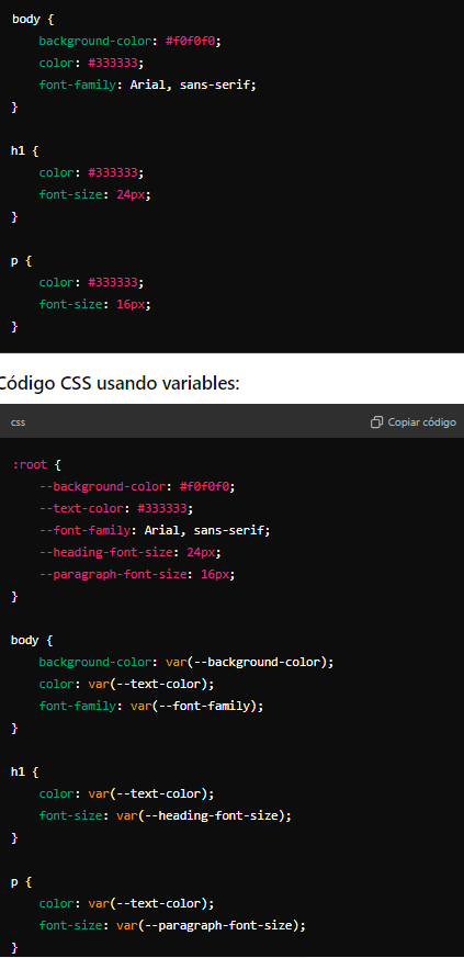 Comparison between CSS code with and without the use of variables for greater efficiency