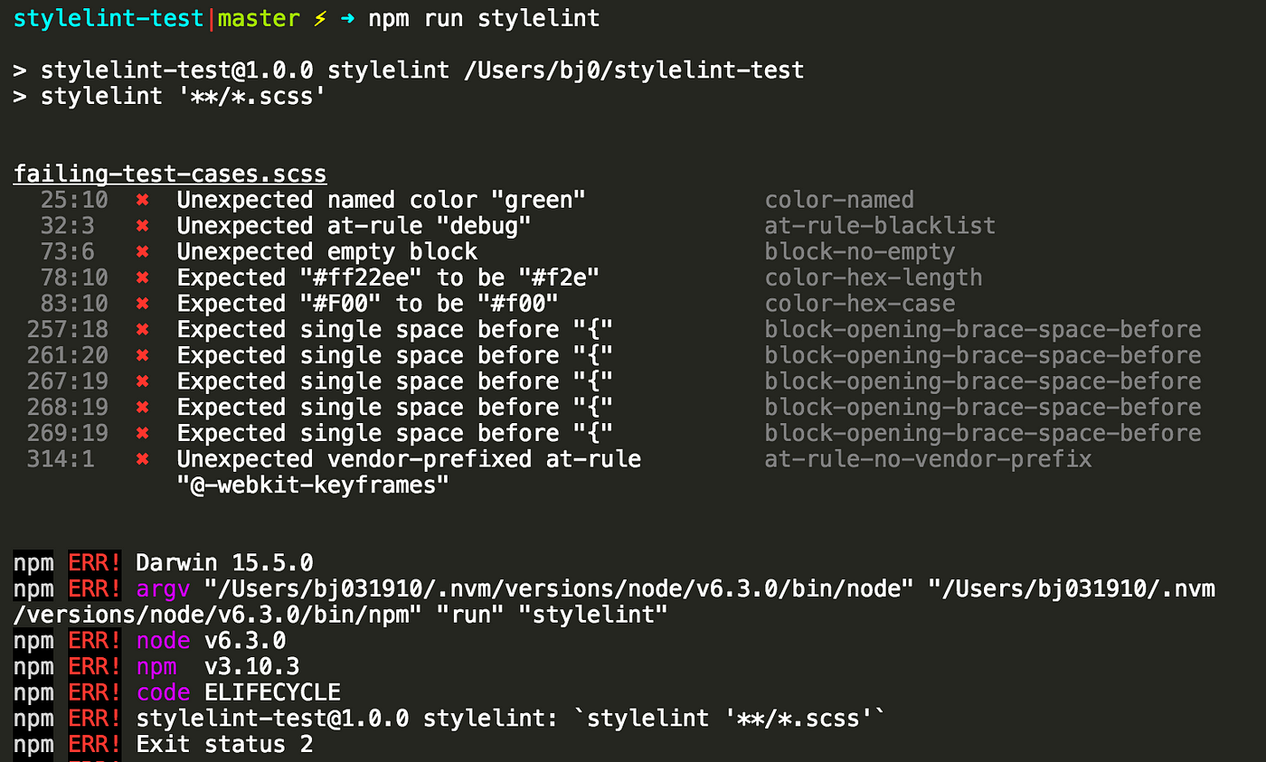 Screenshot of Stylelint detecting errors in a CSS file