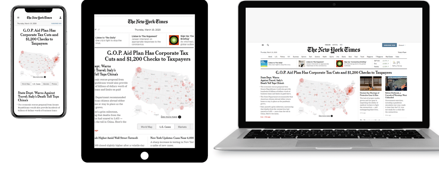 This image shows a visual comparison of a web page on a mobile device, a tablet, and a desktop screen, showing how content adapts